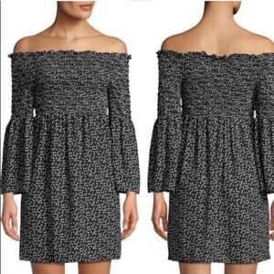 Max Studio Heart Print Black and White Off the Shoulder Bell Sleeve Dress S